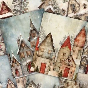 Kit de diario basura navideño, papel de diario vintage de casas de invierno, papel digital imprimible para álbumes de recortes, kit para hacer tarjetas de felicitación navideñas