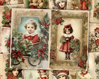 May include: A collage of vintage Christmas cards featuring children dressed in red and white festive attire. The cards are decorated with holly, berries, and other seasonal elements.