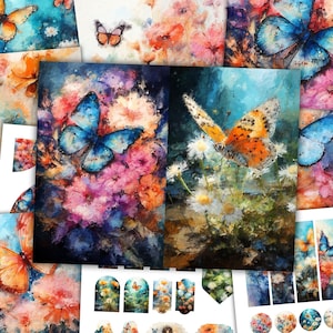 Oil Painted Butterfly Junk Journal Kit Butterflies Ephemera Tags Label Pocket Button Scrapbook Printable Craft Paper Vintage Pages Download