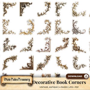 May include: A set of 24 vintage decorative book corners in gold and brown tones. The corners are ornate and feature intricate floral designs. The corners are perfect for adding a touch of elegance to your books, journals, or scrapbooks.