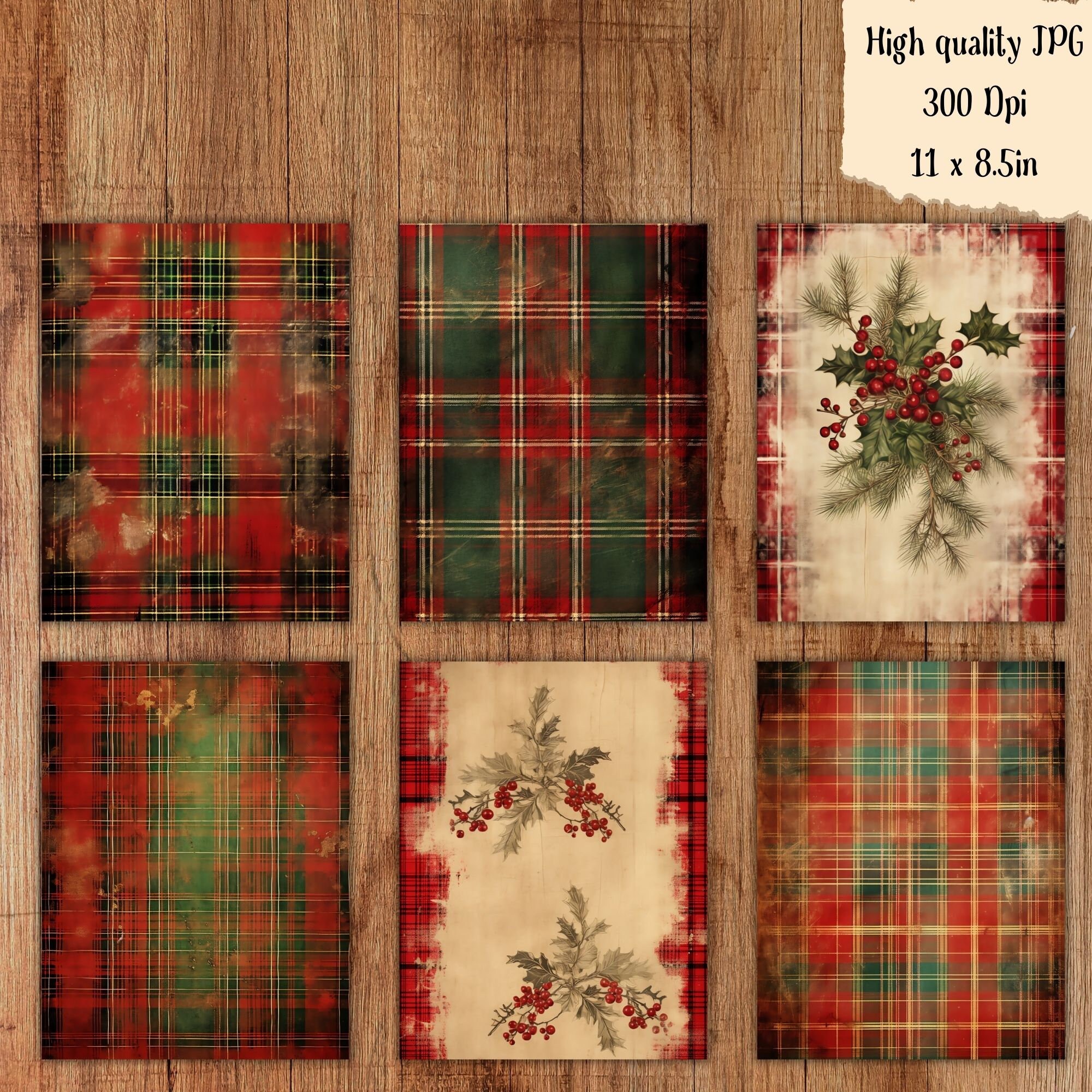 Vintage Christmas Holiday Plaid Faded Collage Sheet Rustic Floral ...
