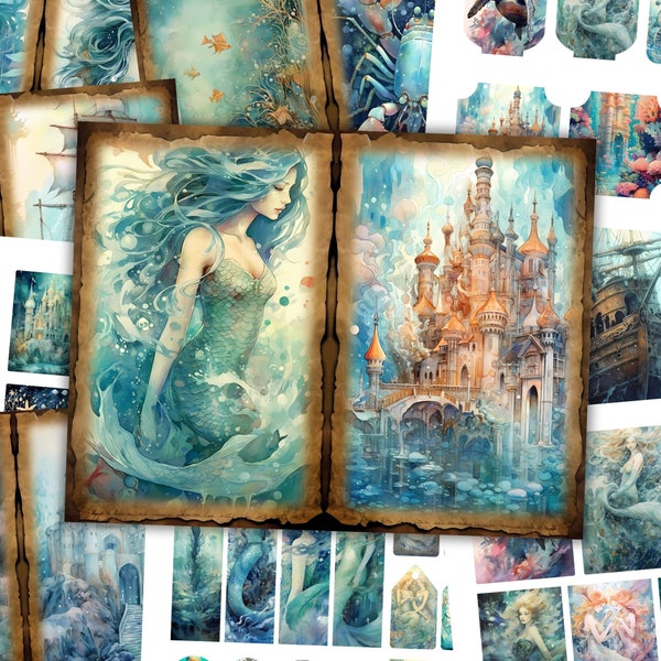 Underwater Fantasy Junk Journal Kit Fairytale Mermaid Ocean Sea Scrapbook Page Craft Paper Printable Collage Watercolor Digital Download