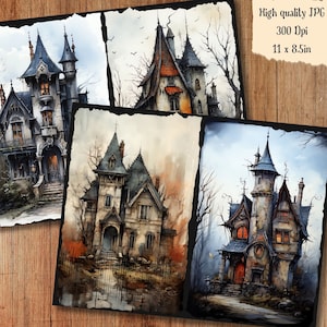 May include: Four watercolor paintings of spooky, gothic-style houses with intricate details and dark, mysterious atmospheres. Each house is set against a backdrop of trees and a cloudy sky.