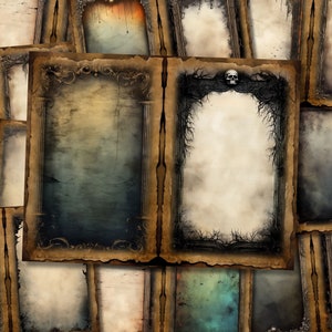 May include: A set of vintage-style frames with distressed edges and ornate designs. The frames are layered on top of each other, creating a textured and layered effect. Some of the frames have a skull design, while others have a more traditional design.