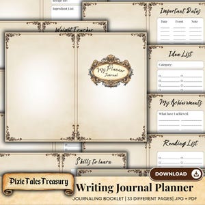 May include: A printable writing journal planner booklet with 33 different pages. The cover features a vintage style design with a scroll and the text "Pixie Tales Treasury Writing Journal Planner".