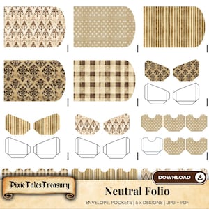 Pasta tripla neutra, encartes de diário de lixo para impressão, kit de itens efêmeros para scrapbooking, suprimentos para artesanato faça você mesmo, páginas de design vintage para artesanato