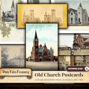 Kit imprimible de postales antiguas de iglesias, cartas escritas a mano, álbumes de recortes, collages, proyectos de arte DIY, JPG y PDF