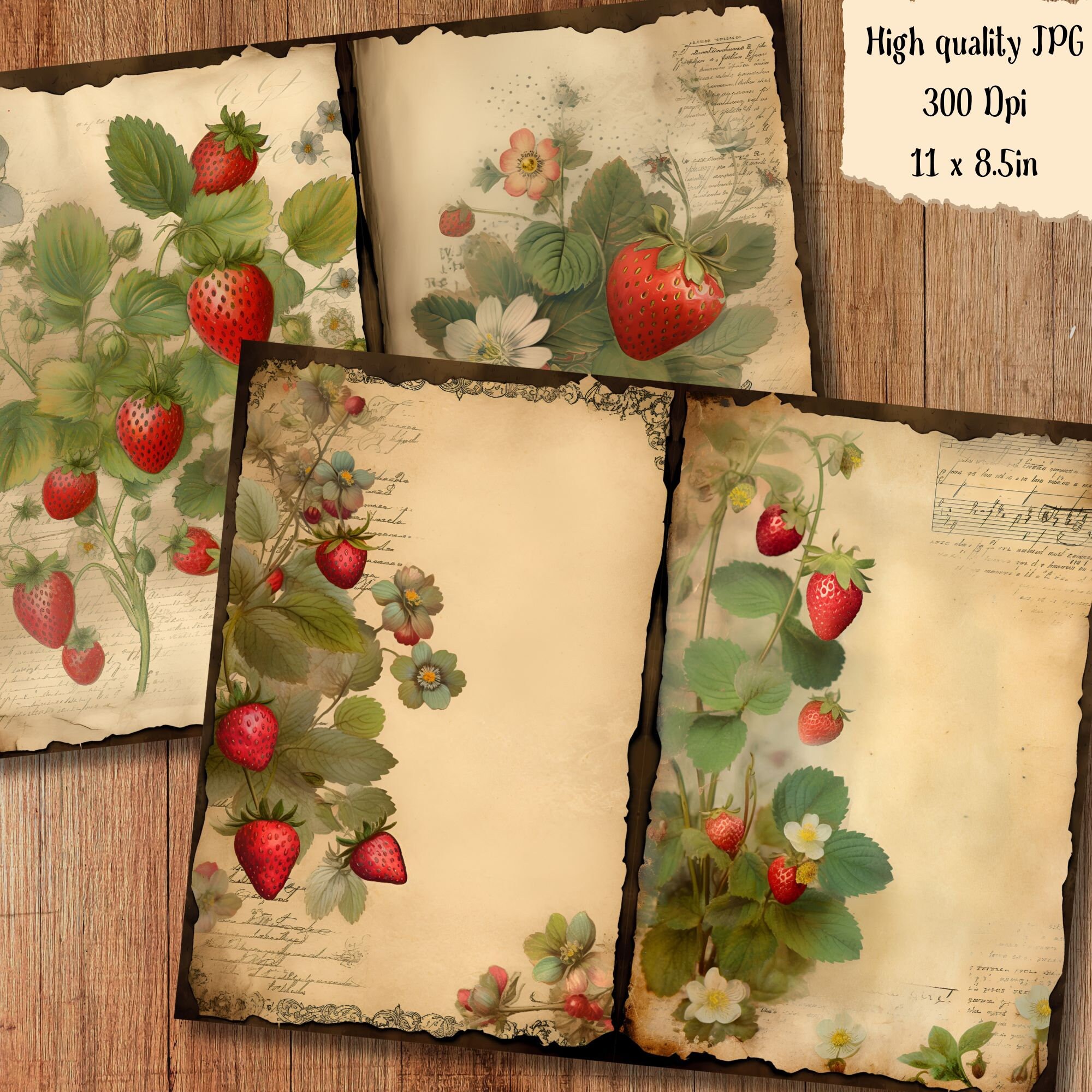 Strawberry Floral Watercolor Junk Journal Pages Flower Journaling Paper ...