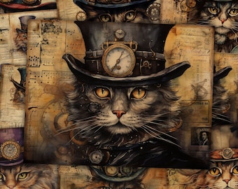 May include: A collage of watercolour paintings featuring cats wearing steampunk-style hats and goggles. The cats are depicted with intricate details, including gears, clocks, and other mechanical elements. The background is a vintage-inspired pattern with musical notes and other decorative elements.