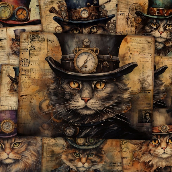 Victoriano Steampunk Junk Journal Kit Vintage Cat Journal Papers Junk Journal Scrapbook Collage Hoja Craft Página Ephemera Descarga digital