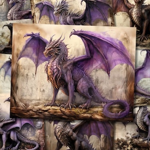 Lila Drache Papier Junk Journal Kit Magischer Drache Scrapbook Papier Journaling Seite Mixed Media Junk Journal Zubehör Collage Full Sheet