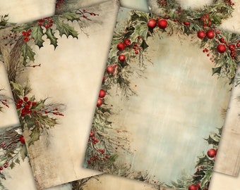 Könnte beinhalten: Ein Satz vintage-artiger druckbarer Papiere mit einem Weihnachtsmotiv. Die Papiere haben einen Rand aus Stechpalmenblättern und roten Beeren auf cremefarbenem Hintergrund.