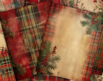 Könnte beinhalten: Ein digitales Papierpaket mit einem Weihnachtsmotiv mit roten und grünen Karomustern, einem Blumendesign und einem rustikalen Holzmaserungshintergrund mit einem Tannenzweig und roten Beeren.