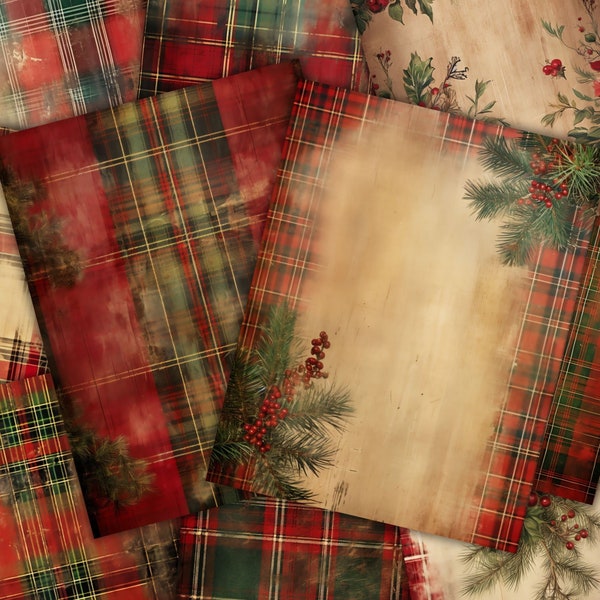 Vintage Christmas Holiday Plaid Faded Collage Sheet Rustic Floral Printable Junk Journal Kit Scrapbook Paper Card Making Digital Digi Kit