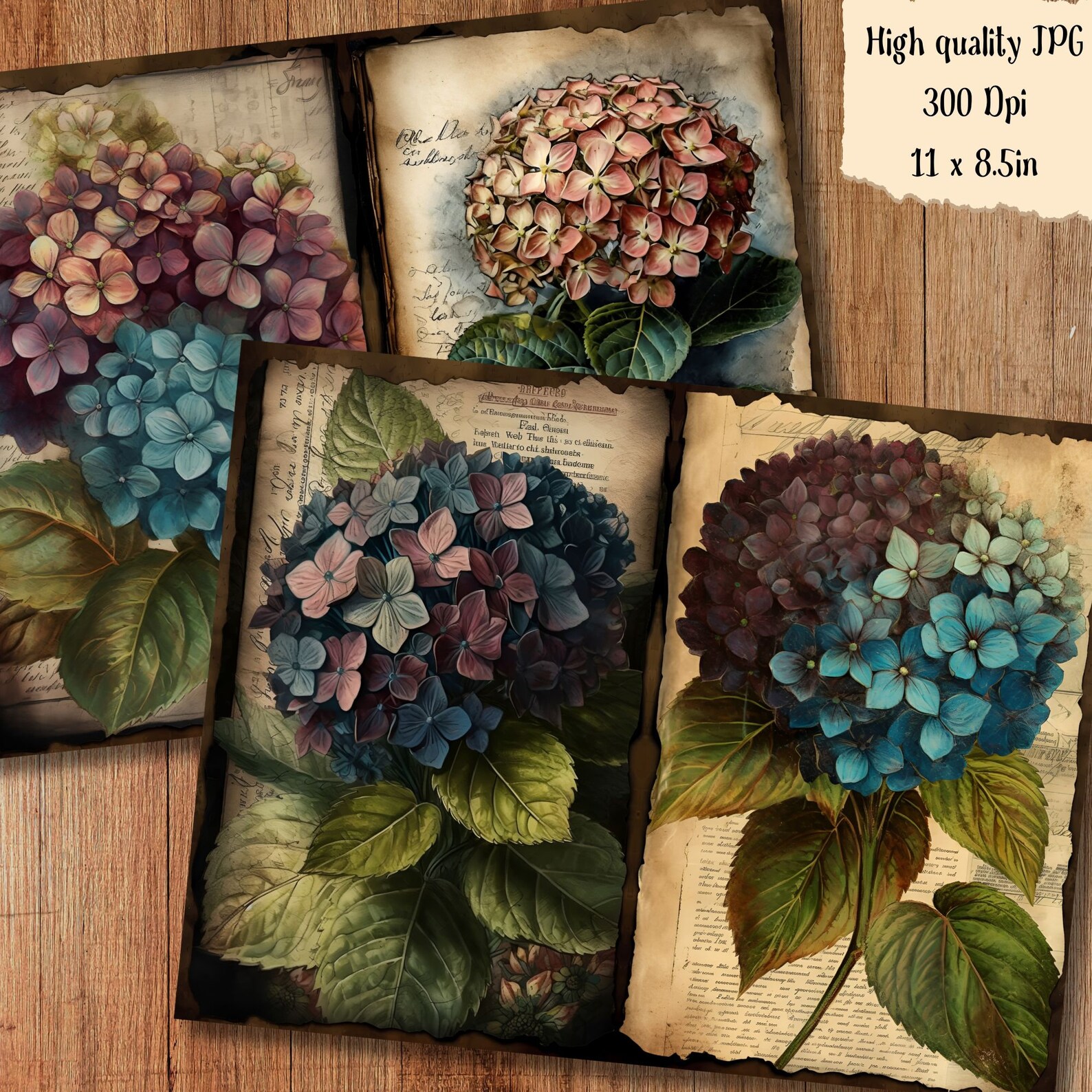 Hydrangea Floral Watercolor Junk Journal Pages Flower Journaling Paper ...