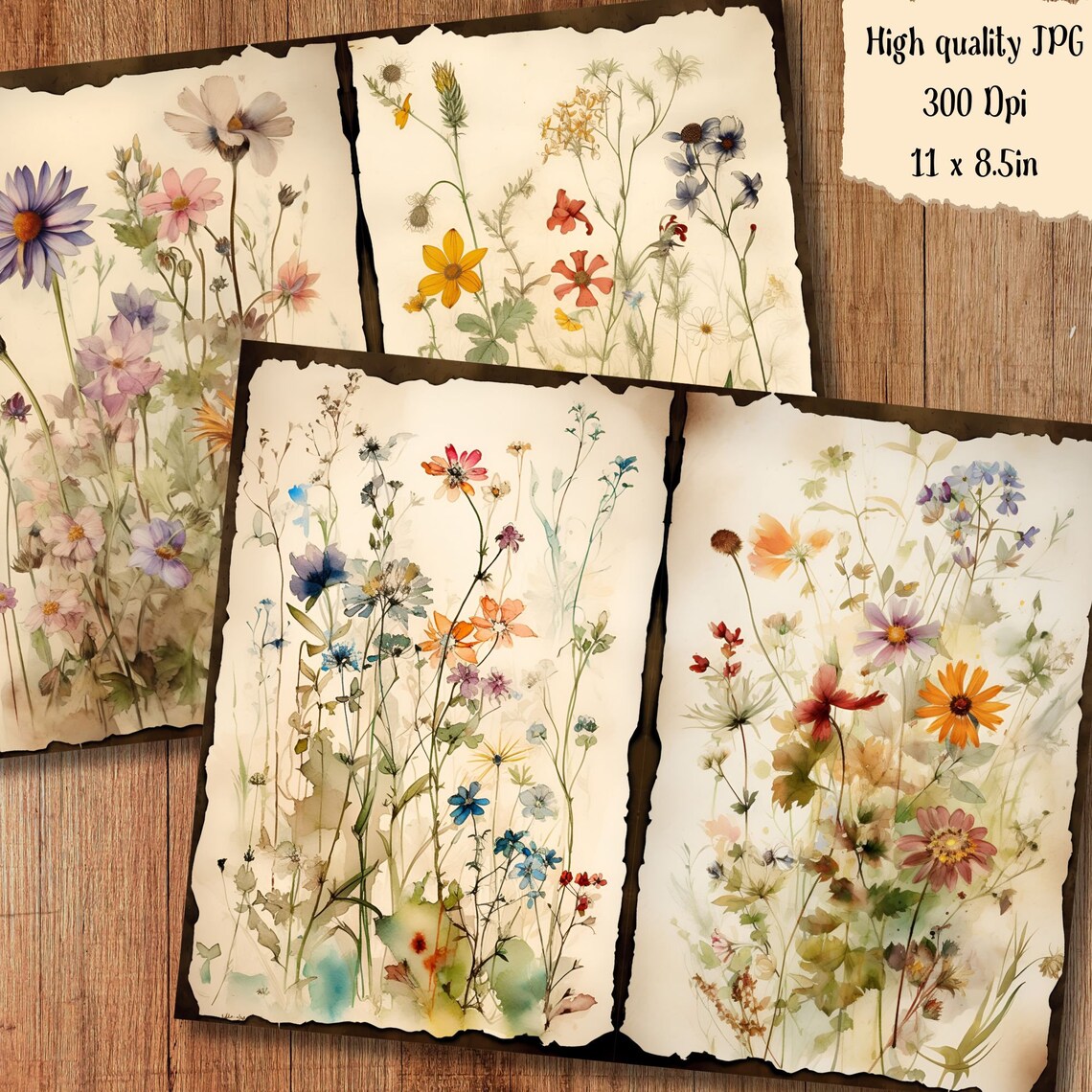 Wildflower Floral Watercolor Junk Journal Pages Flower Journaling Paper ...
