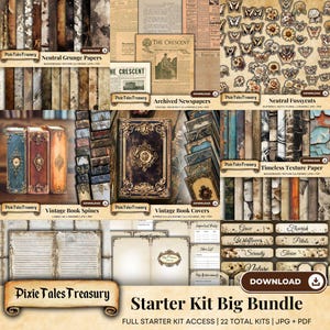 Junk Journal Starter Kit-bundel, afdrukbare ephemera en scrapbookingbenodigdheden, vintage designtools voor knutselen, neutrale creatieve set