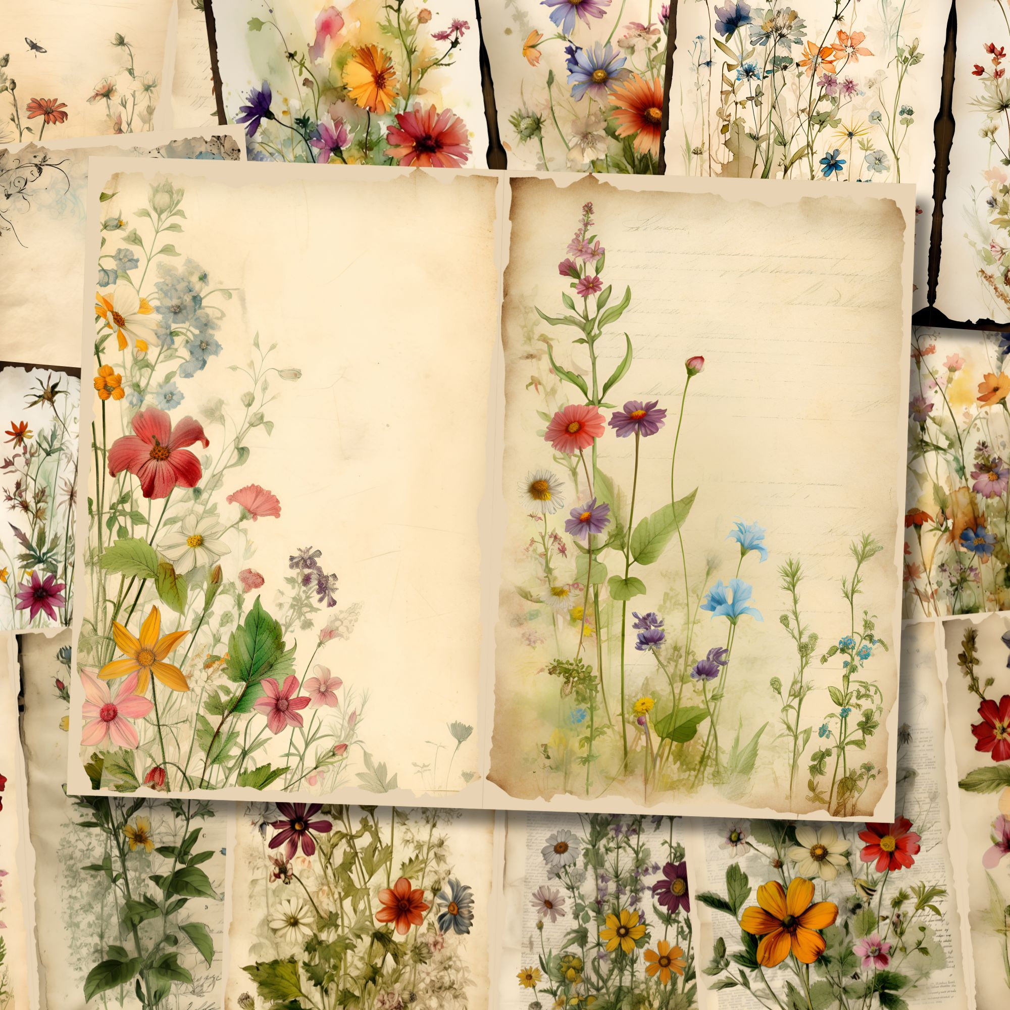 Wildflower Floral Watercolor Junk Journal Pages Flower Journaling Paper Floral Junk Journal Kit Printable Collage Sheet Old Decoupage Paper