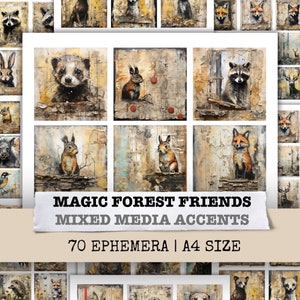 Magic Forest Friends Animal Junk Journal Kit achtergrondpapier Mixed Media Art Scrapbookingpagina collageblad afdrukbare digitale download
