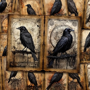 Black Raven Crow Junk Journal Pages Dark Witch Fantasy Magical Junkjournal Kit Halloween Digi Kit Goth Feuille de collage de papier numérique imprimable