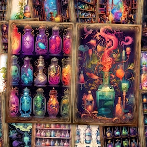 Kit de journal indésirable fantastique de potion magique de conte de fées, pages en papier d'apothicaire de sorcière de conte de fées de laboratoire d'école de magie de sorcier, de demi-feuille imprimable de collage de mage