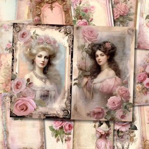 Vintage Victorian Rose Junk Journal Pages Romantic Pink Journaling Paper Junkjournal Digi Kit Supplies Printable Collage Scrapbooking Sheet