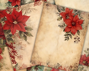 Könnte beinhalten: Ein Satz von vier Vintage-Papierbögen mit einem verwitterten Hintergrund und roten Weihnachtssternen mit grünen Blättern. Die Papierbögen eignen sich perfekt zum Scrapbooking, Kartenbasteln oder anderen Papierarbeiten.