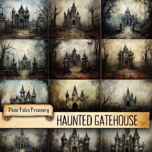 Haunted Gatehouse Junk Journal Kit Halloween Dark Goth Gothic Spooky Collage Sheet Vintage Scrapbooking Card Mixed Media Art Pages Download