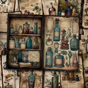 Pagina del diario di spazzatura dell'acquerello della pozione mistica Libro di incantesimi fantasy di magia di farmacia vintage Kit di diario di spazzatura di carta di alchimia stregoneria stampabile