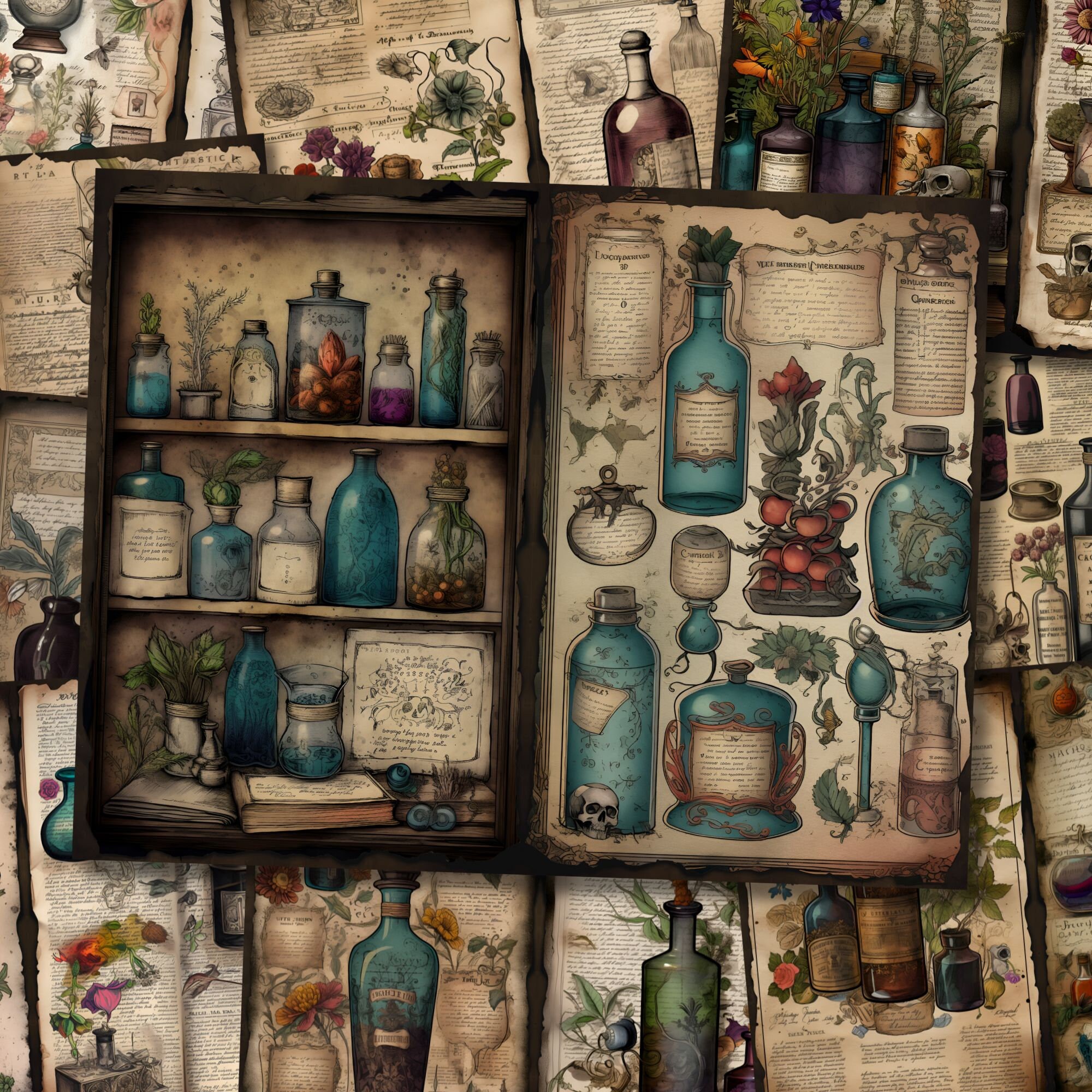 Mystic Potion Watercolor Junk Journal Page Vintage Apothecary Fantasy ...