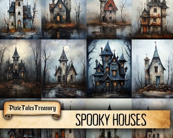 Spooky Haunted Houses Junk Journal Pages Dark Moody Castle Mansion Junkjournal Kit Halloween Digi Kit Goth Paper Collage Sheet Printable