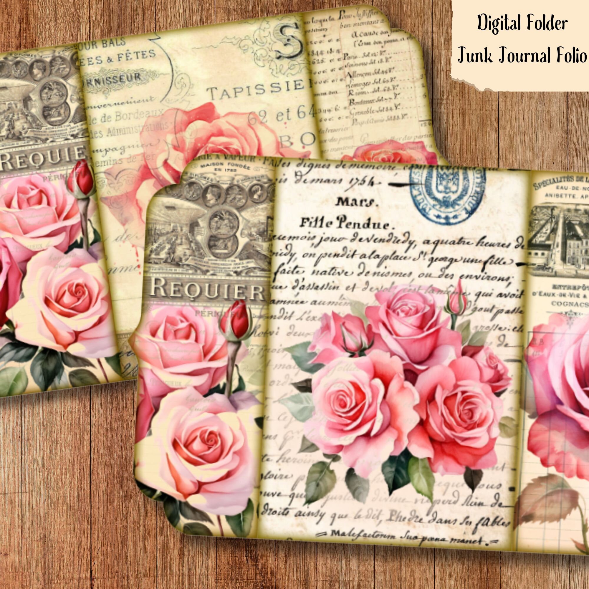 Roses Trifold Folio Junkjournal Kit Vintage DIY Mini Folio Junk Journal ...