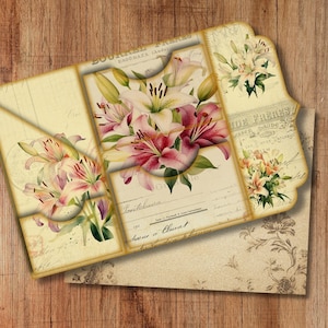Lírio flor aquarela trifold folio junkjournal kit vintage diy mini folio lixo diário kit digital dobrável folio pasta kit inserção de bolso