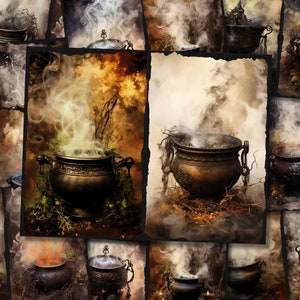 May include: A collage of images featuring bronze cauldrons with swirling smoke. The cauldrons are surrounded by moss, branches, and a mystical, ethereal atmosphere. The color palette includes shades of brown, gold, and green.