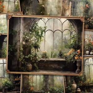 May include: A vintage-inspired image of a greenhouse with large arched windows, overgrown with lush greenery and flowers. The windows are framed in black metal and the walls are a faded white. The image has a dreamy, ethereal quality.