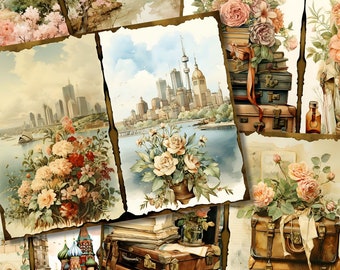 May include: A collage of vintage travel images featuring a cityscape, flowers, and antique suitcases. The images are arranged in a scrapbook style with torn edges and a faded background.