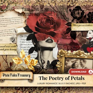 Romantic Decorative Paper for Junk Journals & Scrapbooking, The Poetry of Petals, Shabby Red Roses Valentine's Collage Floral Ephemera