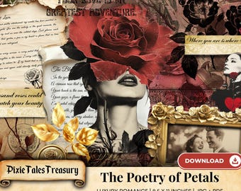 Romantic Decorative Paper for Junk Journals & Scrapbooking, The Poetry of Petals, Shabby Red Roses Valentine's Collage Floral Ephemera