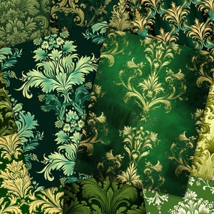 May include: A digital paper pack with 10 seamless patterns featuring a green and gold damask design.