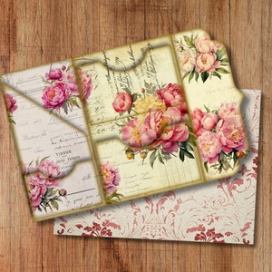 Peônia aquarela trifold folio junkjournal kit vintage diy mini folio lixo diário kit digital dobrável folio pasta kit inserção de bolso