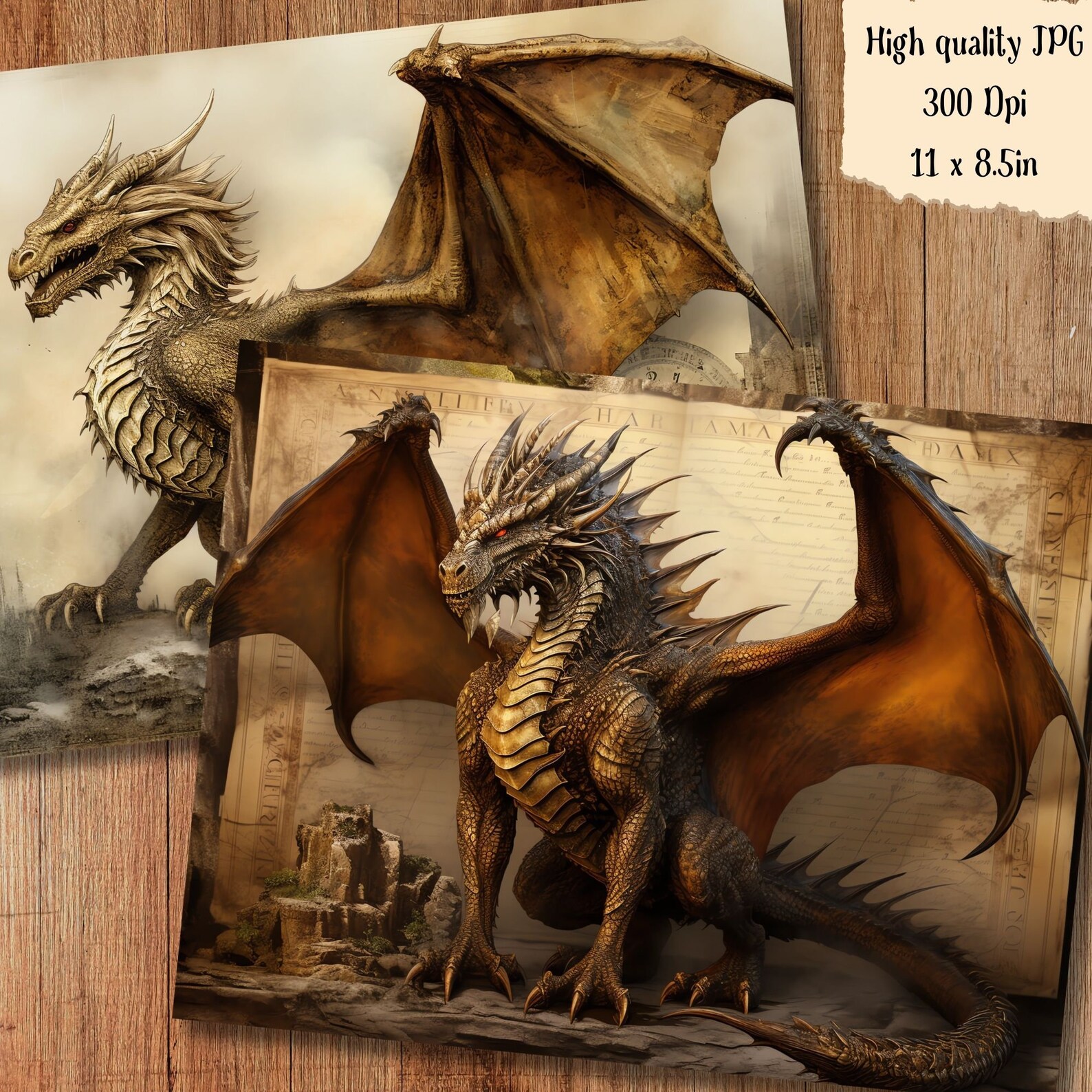 Gold Dragon Paper Junk Journal Kit Magical Dragon Scrapbook Paper ...