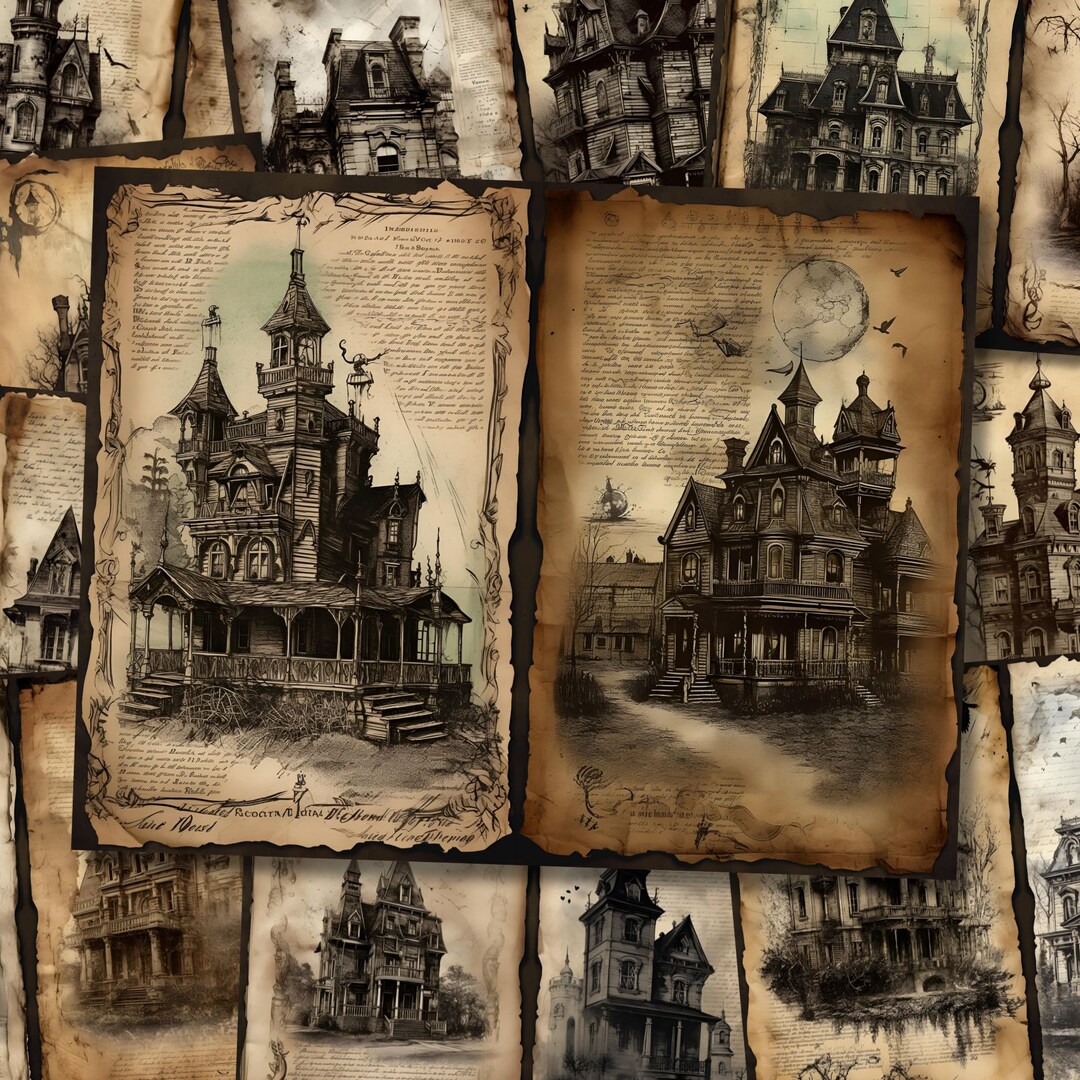 Haunted Mansion Watercolor Junk Journal Page Halloween Gothic Witchy ...