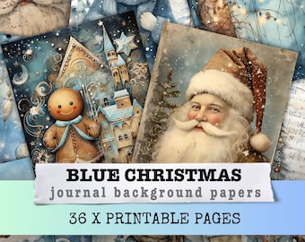 Blue Christmas Junk Journal Kit, Mixed Media, Digital papers, Blue printable journal pages, Journaling papers, Digital download, Card making