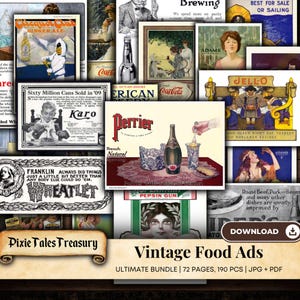 Retro Food Werbung Ephemera Pack, 72 Seiten, Rezept Junk Journal Printable Collage Sheet, Digital Scrapbook Kit, Postkarten, Vintage Anzeigen