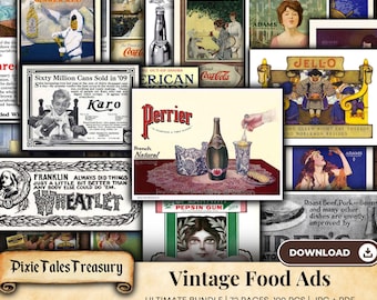 Paquete de efímeras de anuncios de comida retro, 72 páginas, hoja de collage imprimible para diario de recetas, kit de álbum de recortes digital, postales, anuncios vintage