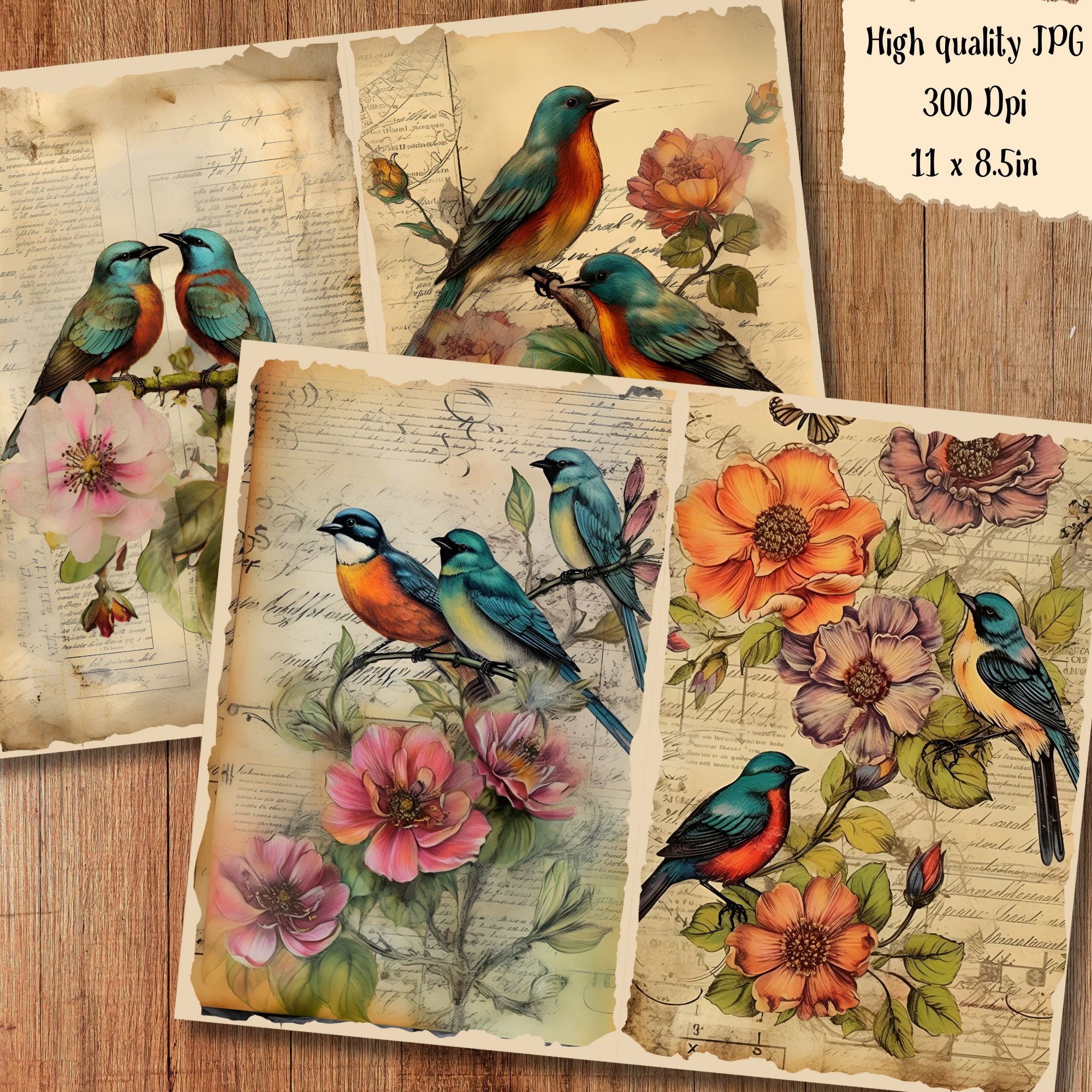 Birds and Flowers Watercolor Junk Journal Pages Floral Journaling Paper ...