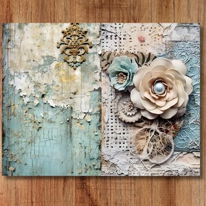 Tattered Blue Shabby Floral Junk Journal Pages Flower Grunge Journaling ...