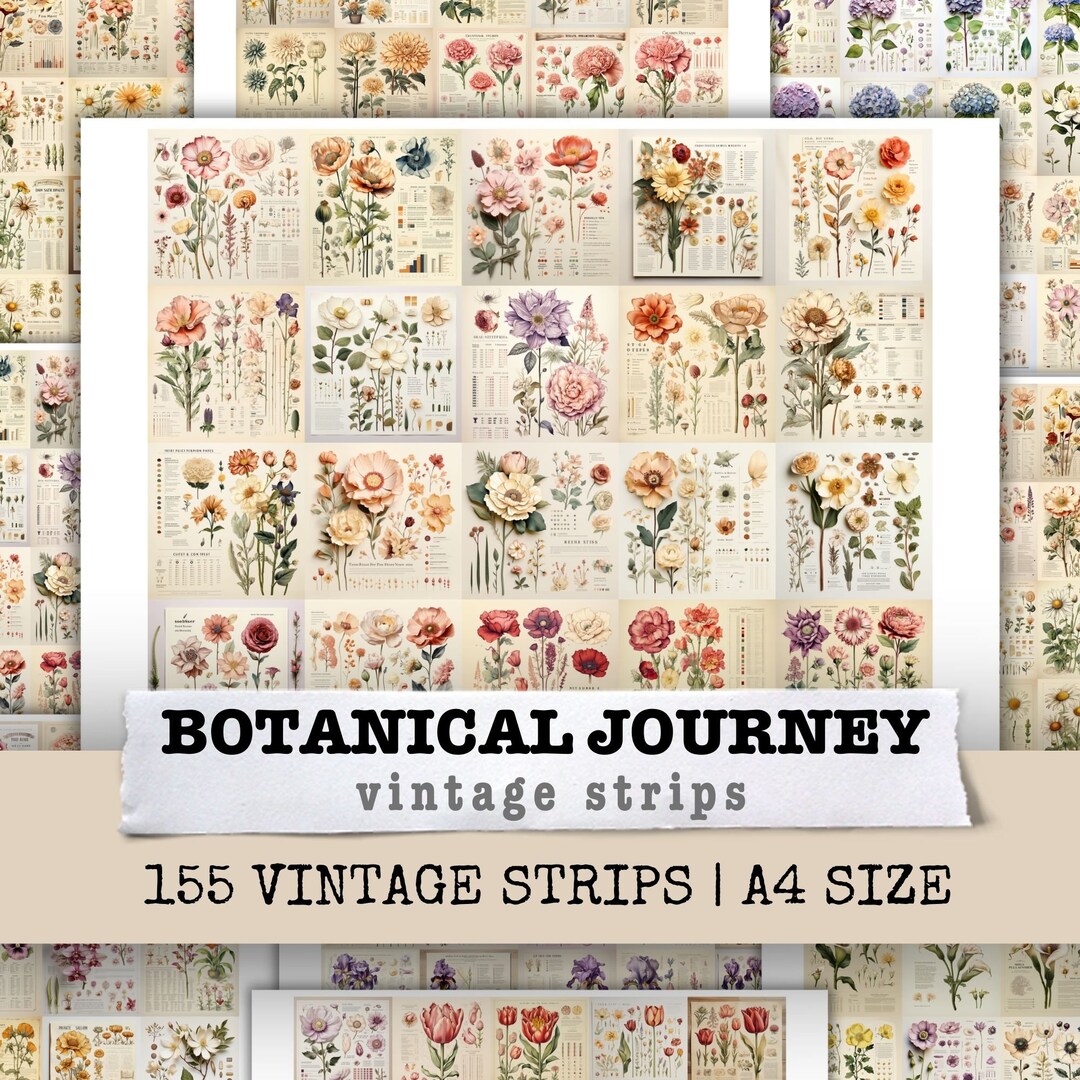 Botanical Journey Vintage Strip Floral Flower Junk Journal Kit Paper ...