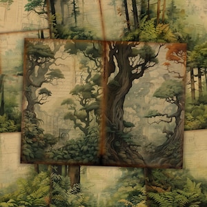 Kit diario spazzatura foresta incantata, fogli di giornale vintage, foglio di collage di scrapbooking fantasy, pagina di artigianato, materiale effimero, download digitale