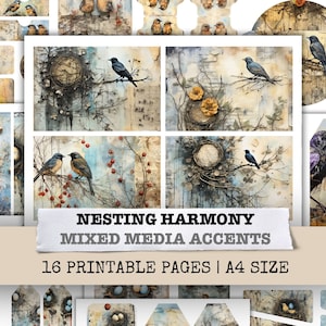 Kit diario di cianfrusaglie di natura effimera di uccelli nidificanti armoniosi, carta, tecnica mista, scrapbooking, pagina, foglio di collage, stampabile, download digitale